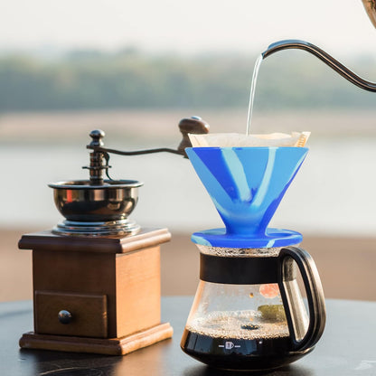 Javaflex (Sky Blue Swirl) Reusable Shatterproof Foldable Silicone Pour over Coffee Maker and Travel Pouch. Uses #2 V Shaped Paper Cone Filters