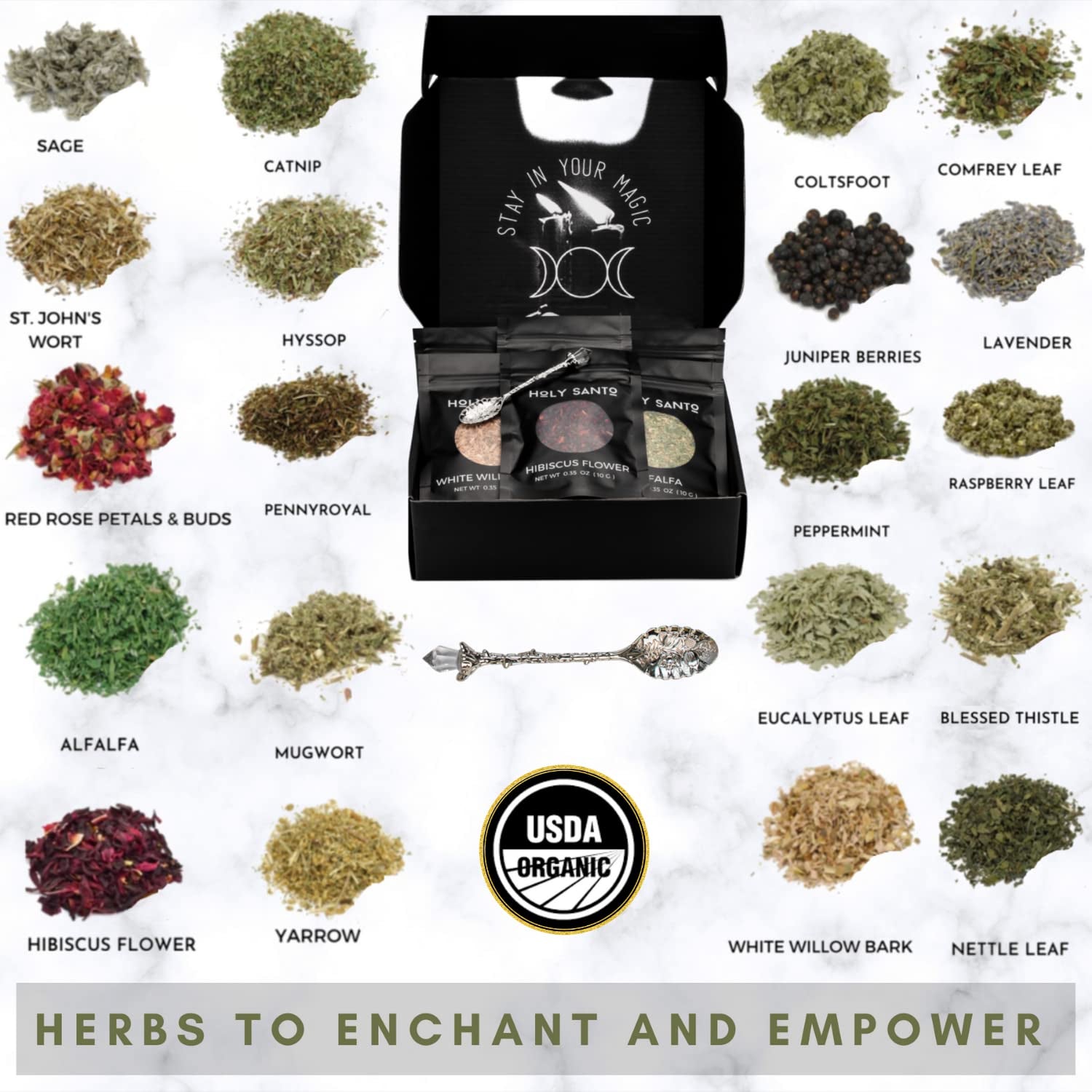 Witchcraft Supplies Herbs for Witchcraft-Dried Herb Kit for Wicca, Pagan and Wiccan Rituals, Altar Supplies, Magic Spells and More- 20 Witch Herbs with Crystal Spoon