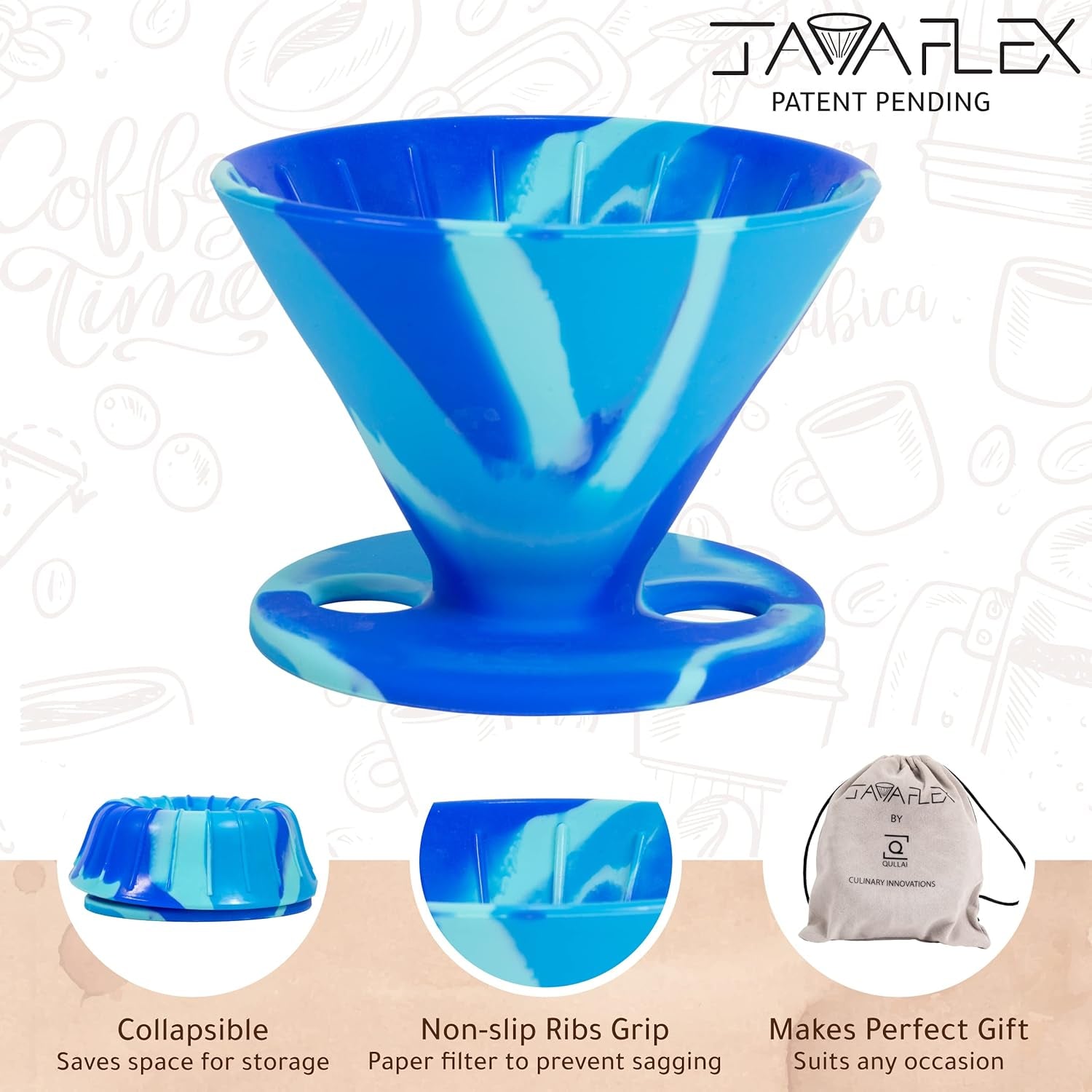 Javaflex (Sky Blue Swirl) Reusable Shatterproof Foldable Silicone Pour over Coffee Maker and Travel Pouch. Uses #2 V Shaped Paper Cone Filters