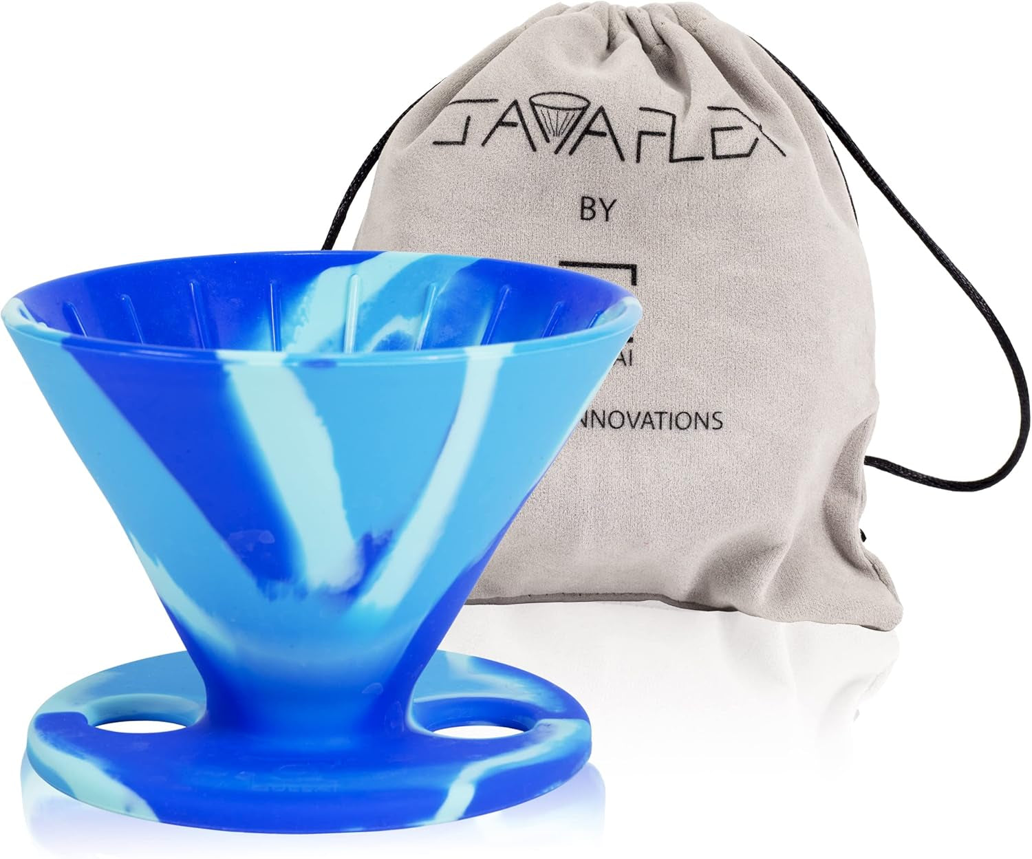 Javaflex (Sky Blue Swirl) Reusable Shatterproof Foldable Silicone Pour over Coffee Maker and Travel Pouch. Uses #2 V Shaped Paper Cone Filters