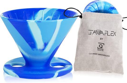 Javaflex (Sky Blue Swirl) Reusable Shatterproof Foldable Silicone Pour over Coffee Maker and Travel Pouch. Uses #2 V Shaped Paper Cone Filters