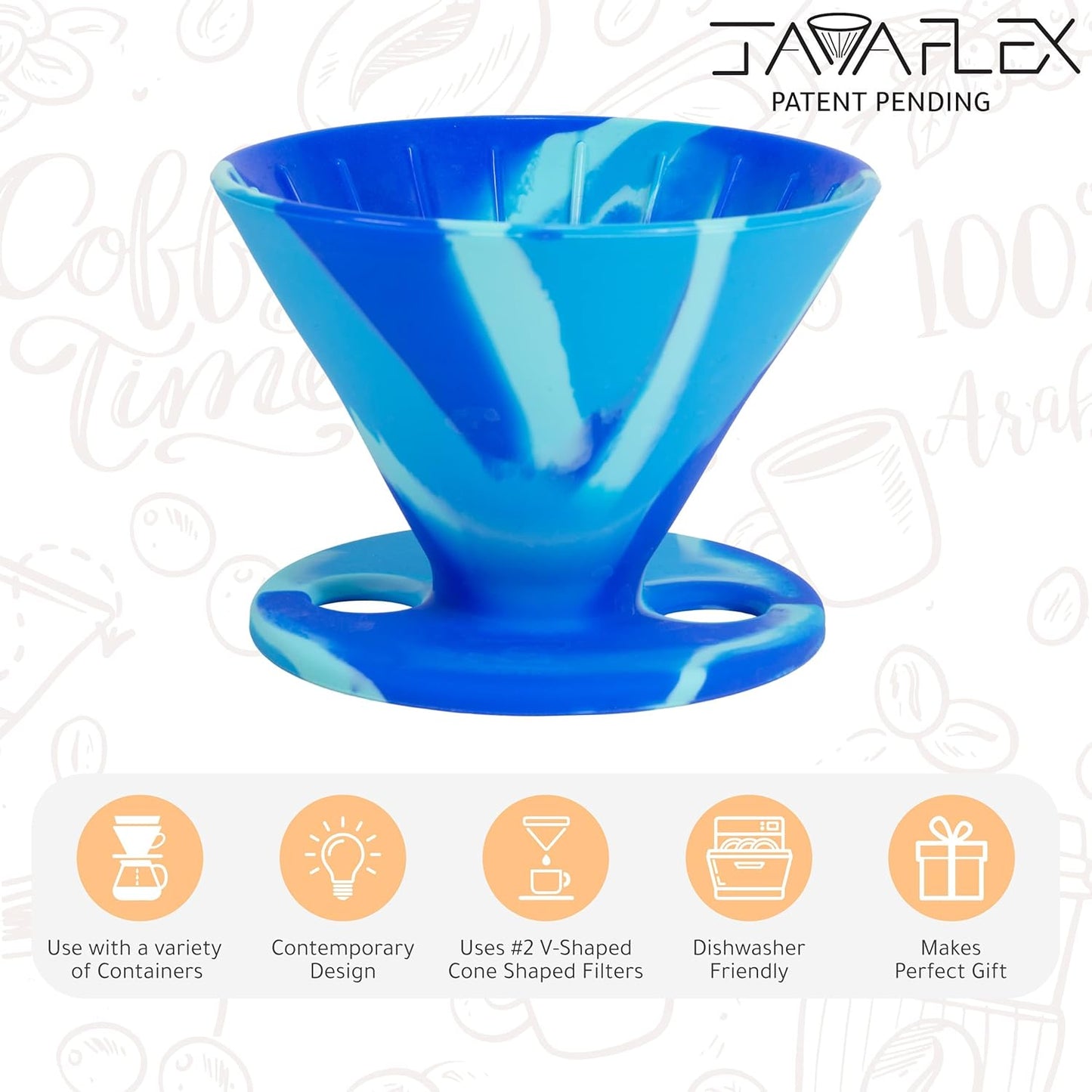 Javaflex (Sky Blue Swirl) Reusable Shatterproof Foldable Silicone Pour over Coffee Maker and Travel Pouch. Uses #2 V Shaped Paper Cone Filters