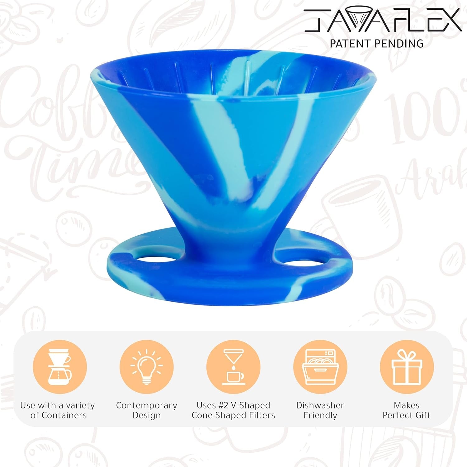 Javaflex (Sky Blue Swirl) Reusable Shatterproof Foldable Silicone Pour over Coffee Maker and Travel Pouch. Uses #2 V Shaped Paper Cone Filters