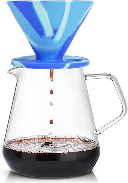 Javaflex (Sky Blue Swirl) Reusable Shatterproof Foldable Silicone Pour over Coffee Maker and Travel Pouch. Uses #2 V Shaped Paper Cone Filters