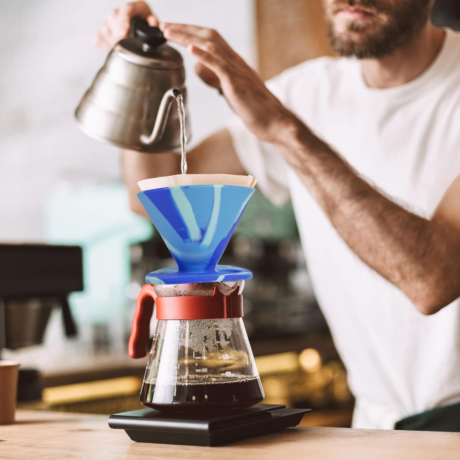 Javaflex (Sky Blue Swirl) Reusable Shatterproof Foldable Silicone Pour over Coffee Maker and Travel Pouch. Uses #2 V Shaped Paper Cone Filters